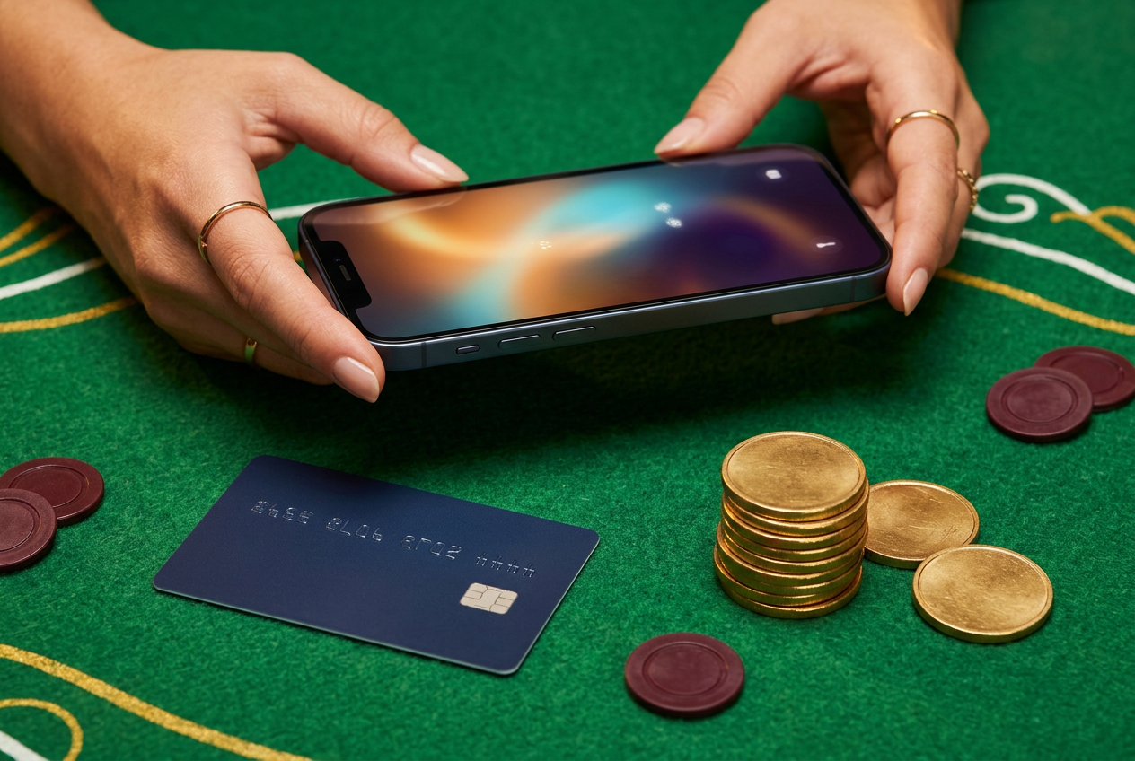 Detailní záběr rukou držících chytrý telefon s abstraktním zářícím displejem vedle neoznačené platební karty a několika mincí na zeleném plátně