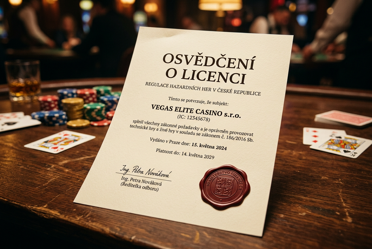Ilustrace oficiálního dokumentu s pečetí a herními kartami v pozadí symbolizující regulaci
